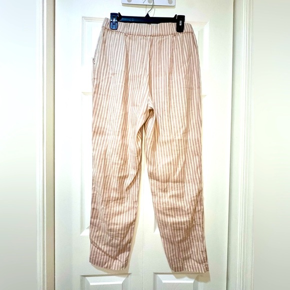 NEW Nic+Zoe Cafe Straight Leg Pant striped pockets pull on linen beige Sz 8 VGUC - Picture 2 of 10